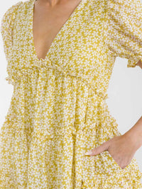 WOMEN'S SHORT PUFF SLEEVE V-NECK POCKETS TIERED FLORAL PRINT MINI DRESS