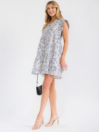 WOMEN'S RUFFLE SLEEVE V-NECK FRONT POCKETS TIERED MULTI PRINT MINI DRESS