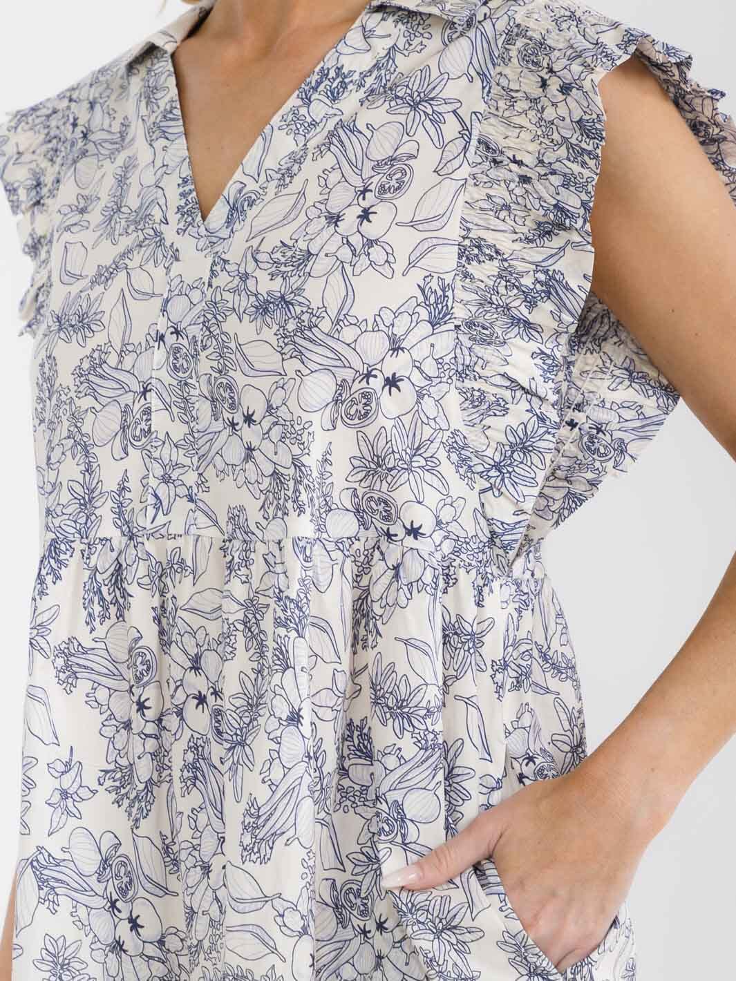 WOMEN'S RUFFLE SLEEVE V-NECK FRONT POCKETS TIERED MULTI PRINT MINI DRESS