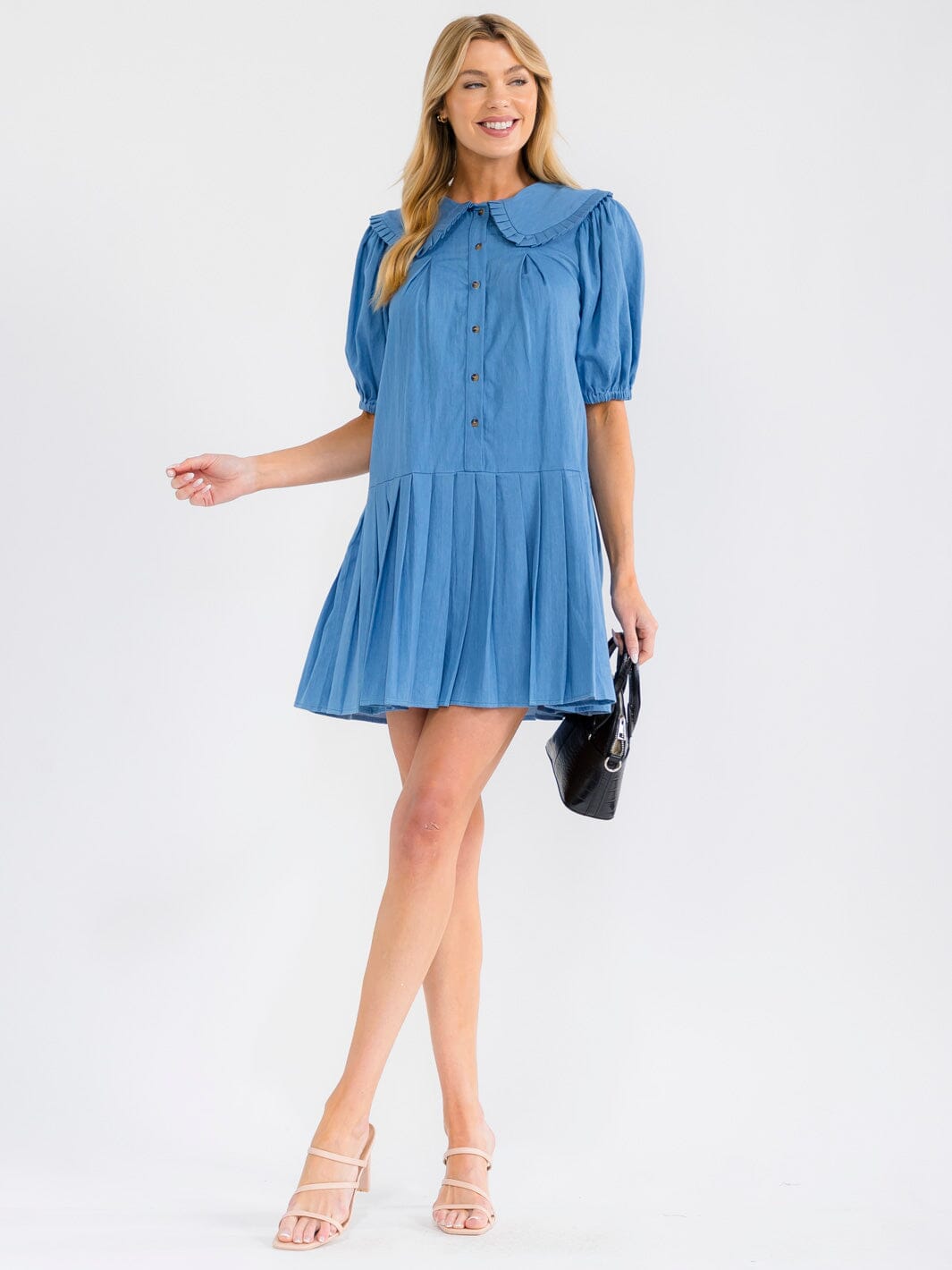 WOMEN'S SHORT PUFF SLEEVE BUTTON UP LOOSE FIT DENIM MINI DRESS