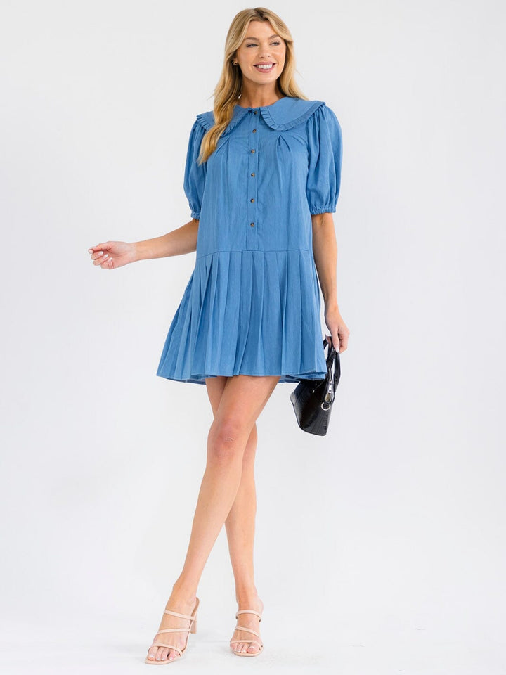 WOMEN'S SHORT PUFF SLEEVE BUTTON UP LOOSE FIT DENIM MINI DRESS