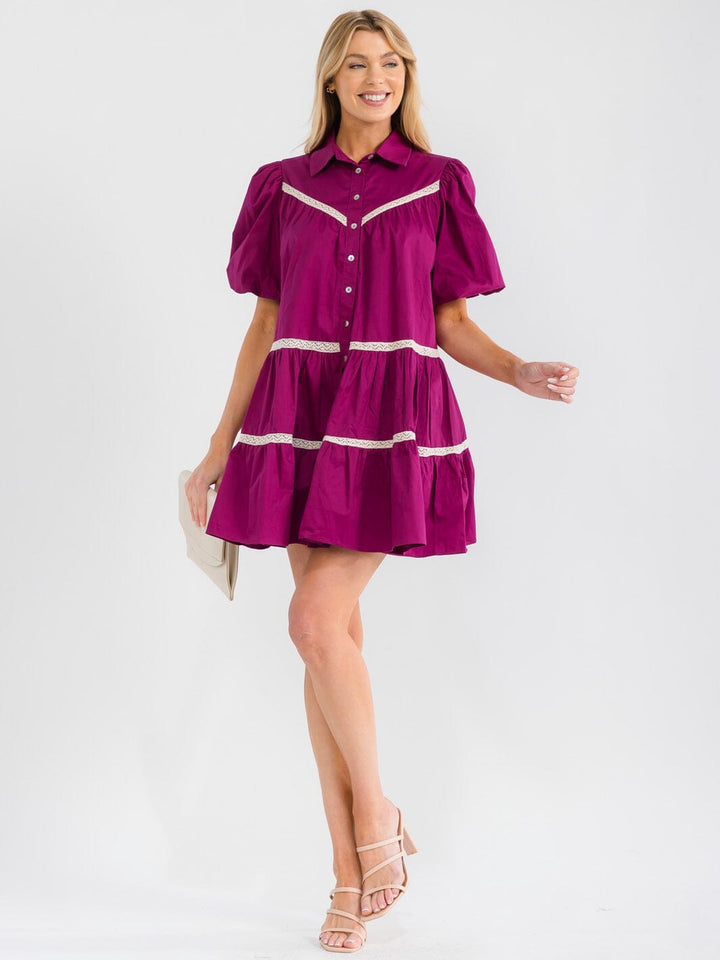 WOMEN'S SHORT PUFF SLEEVE BUTTON UP TIERED LOOSE FIT MINI DRESS