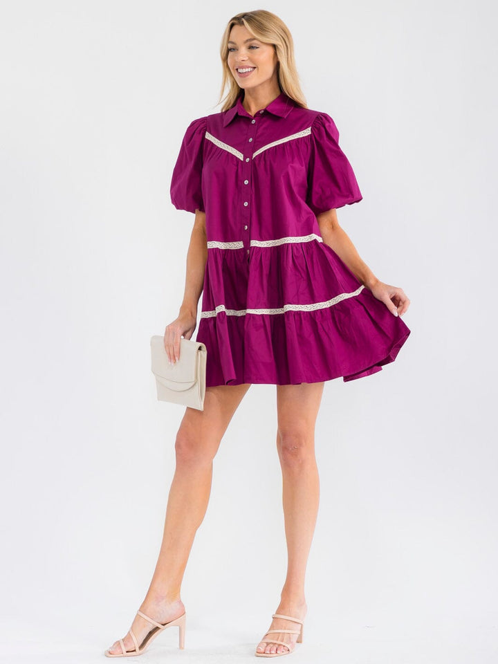 WOMEN'S SHORT PUFF SLEEVE BUTTON UP TIERED LOOSE FIT MINI DRESS