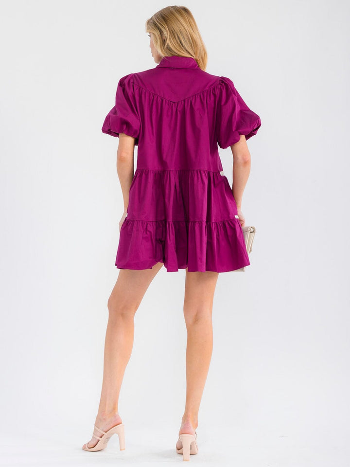 WOMEN'S SHORT PUFF SLEEVE BUTTON UP TIERED LOOSE FIT MINI DRESS