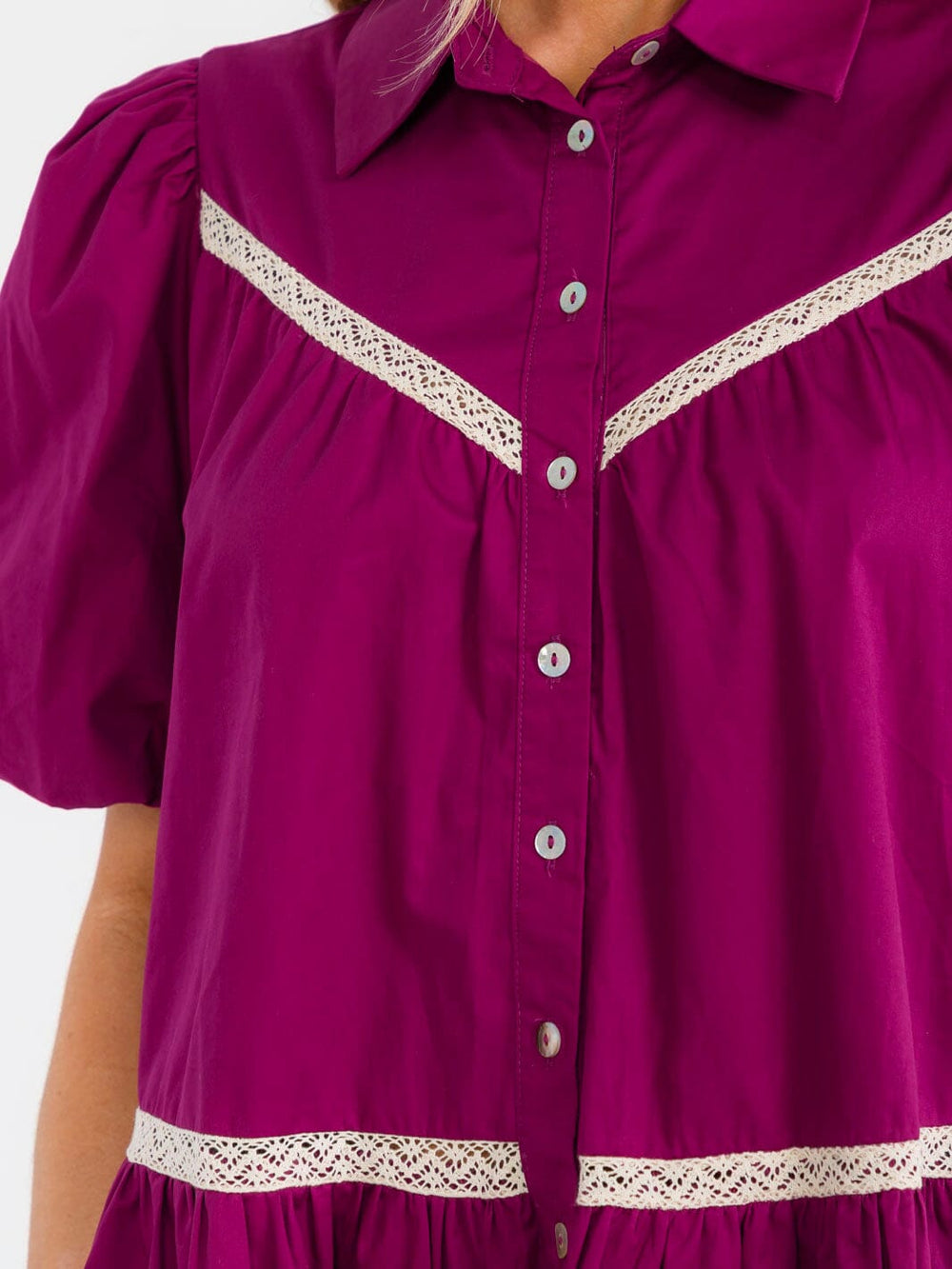 WOMEN'S SHORT PUFF SLEEVE BUTTON UP TIERED LOOSE FIT MINI DRESS