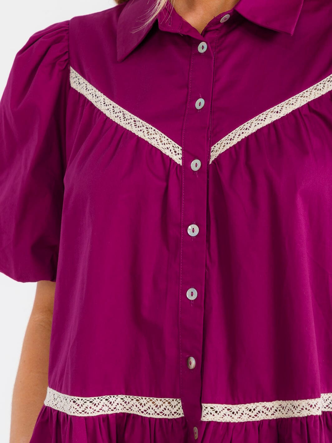 WOMEN'S SHORT PUFF SLEEVE BUTTON UP TIERED LOOSE FIT MINI DRESS