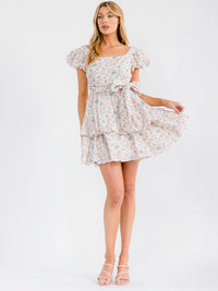 WOMEN'S SHORT PUFF SLEEVE RUFFLE TIERED SWISS SMOCK FLORAL MINI DRESS