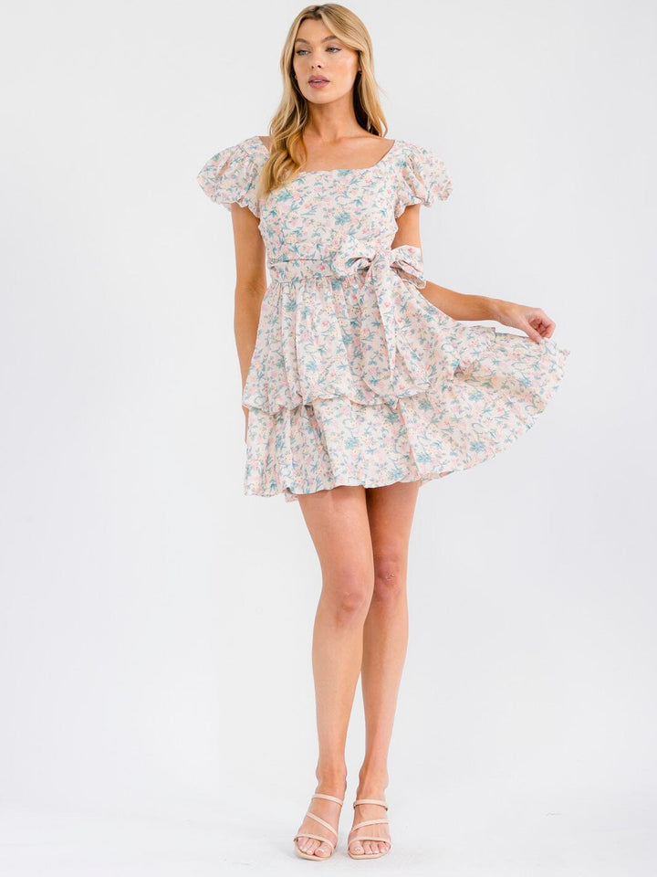 WOMEN'S SHORT PUFF SLEEVE RUFFLE TIERED SWISS SMOCK FLORAL MINI DRESS