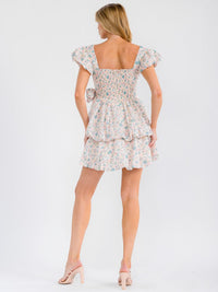 WOMEN'S SHORT PUFF SLEEVE RUFFLE TIERED SWISS SMOCK FLORAL MINI DRESS