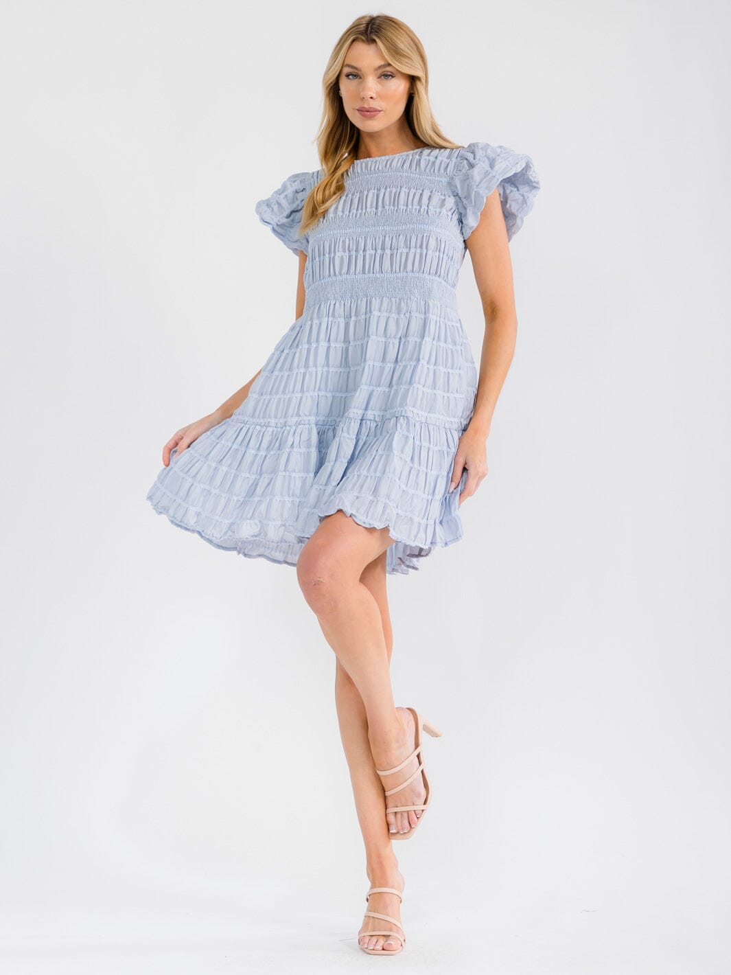 WOMEN'S SHORT PUFF SLEEVE TIERED LOOSE FIT MINI DRESS