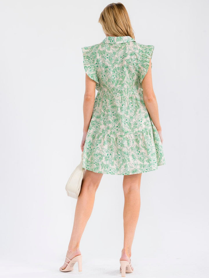 WOMEN'S RUFFLE SLEEVE V-NECK FRONT POCKETS TIERED MULTI PRINT MINI DRESS