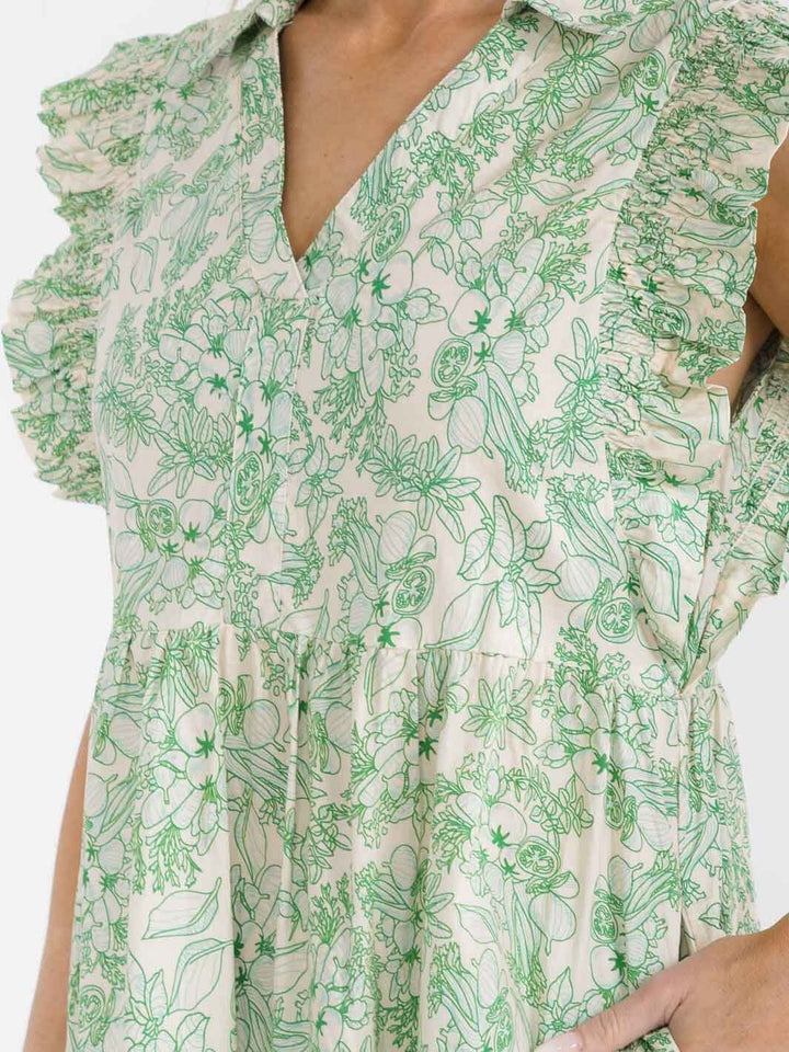 WOMEN'S RUFFLE SLEEVE V-NECK FRONT POCKETS TIERED MULTI PRINT MINI DRESS