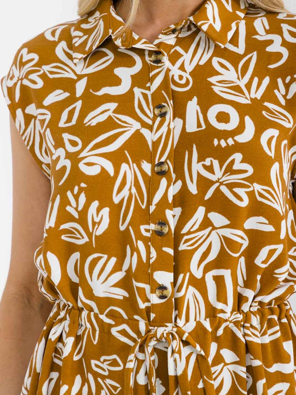 WOMEN'S SLEEVELESS BUTTON UP ADJUSTABLE WAIST FLORAL PRINT MINI DRESS