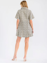WOMEN'S SHORT SLEEVE ZIP UP FRONT POCKETS ANIMAL PRINT DENIM MINI DRESS