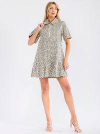 WOMEN'S SHORT SLEEVE ZIP UP FRONT POCKETS ANIMAL PRINT DENIM MINI DRESS