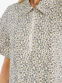 WOMEN'S SHORT SLEEVE ZIP UP FRONT POCKETS ANIMAL PRINT DENIM MINI DRESS