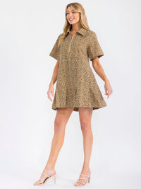 WOMEN'S SHORT SLEEVE ZIP UP FRONT POCKETS ANIMAL PRINT DENIM MINI DRESS