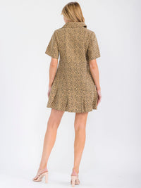 WOMEN'S SHORT SLEEVE ZIP UP FRONT POCKETS ANIMAL PRINT DENIM MINI DRESS
