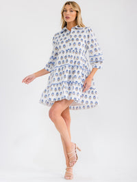 WOMEN'S 3/4 SLEEVE BUTTON UP TIERED FLORAL PRINT TUNIC MINI DRESS