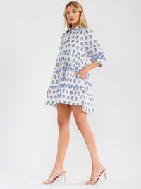 WOMEN'S 3/4 SLEEVE BUTTON UP TIERED FLORAL PRINT TUNIC MINI DRESS