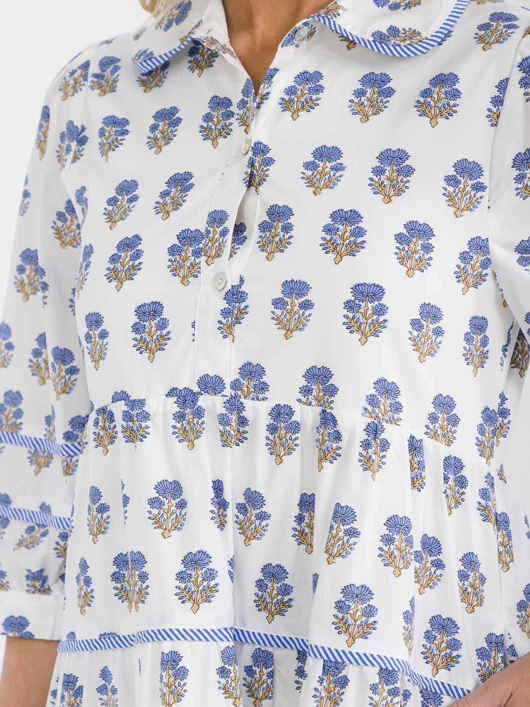 WOMEN'S 3/4 SLEEVE BUTTON UP TIERED FLORAL PRINT TUNIC MINI DRESS