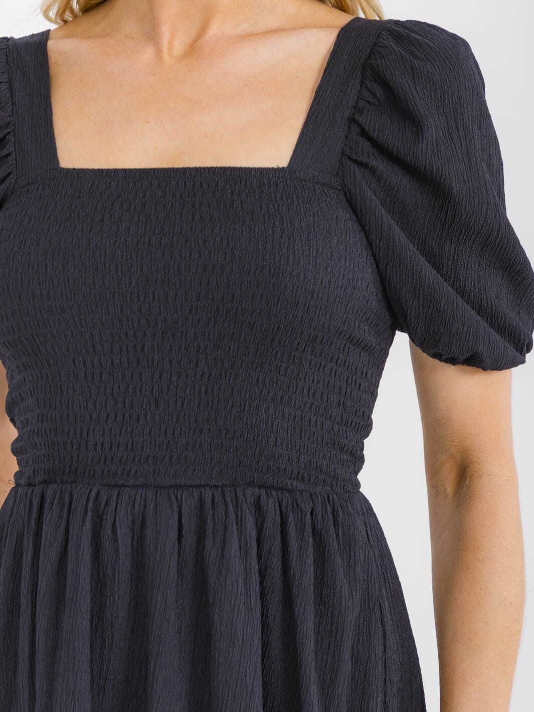 WOMEN'S SHORT PUFF SLEEVE SQUARE NECK SMOCK MINI DRESS