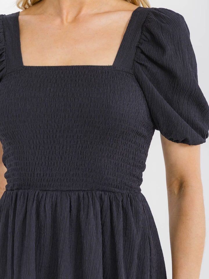 WOMEN'S SHORT PUFF SLEEVE SQUARE NECK SMOCK MINI DRESS