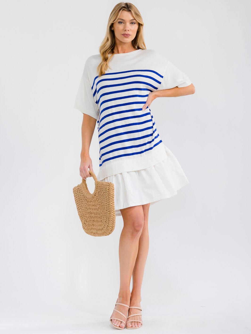 WOMEN'S SHORT SLEEVE COLORBLOCK STRIPES RUFFLE BOTTOM HEM LOOSE FIT MIDI DRESS