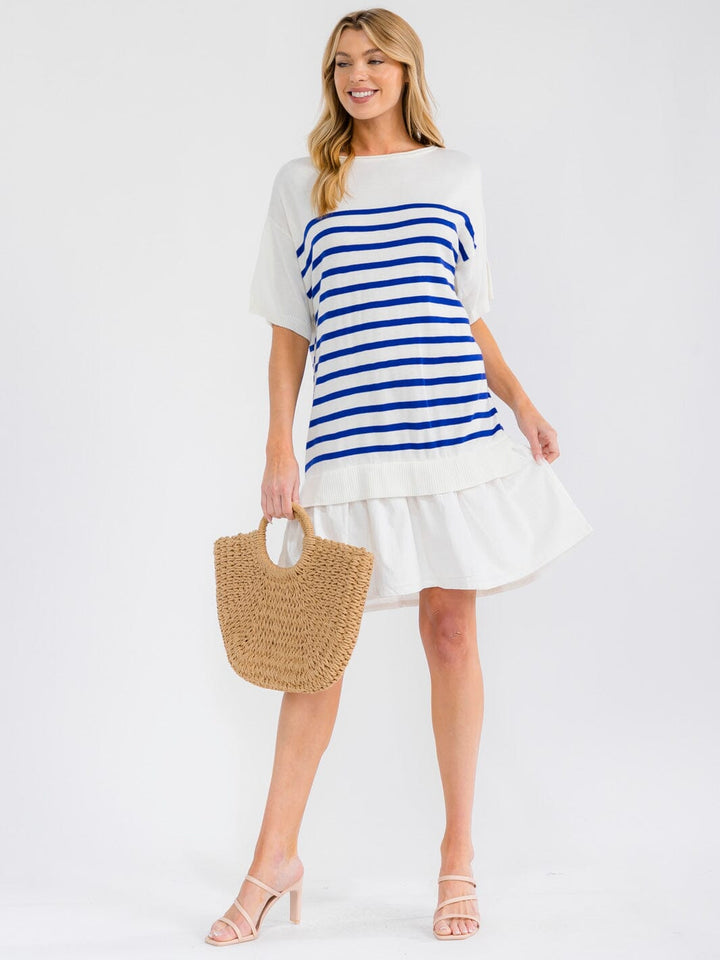 WOMEN'S SHORT SLEEVE COLORBLOCK STRIPES RUFFLE BOTTOM HEM LOOSE FIT MIDI DRESS