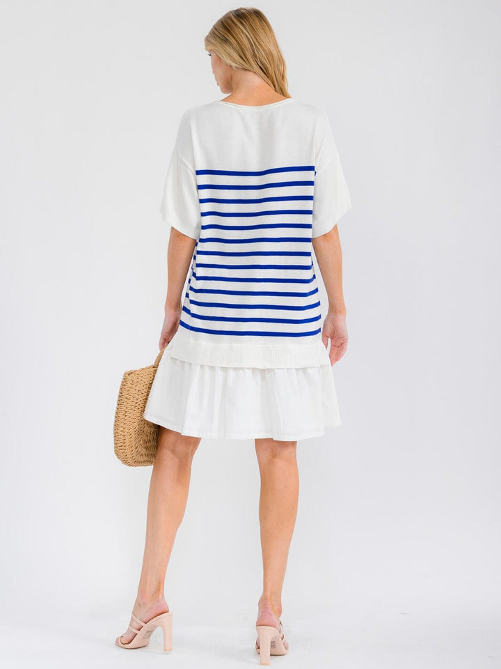 WOMEN'S SHORT SLEEVE COLORBLOCK STRIPES RUFFLE BOTTOM HEM LOOSE FIT MIDI DRESS