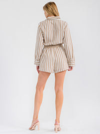 WOMEN'S LONG SLEEVE BUTTON UP POCKETS STRIPES DENIM ROMPER
