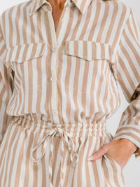 WOMEN'S LONG SLEEVE BUTTON UP POCKETS STRIPES DENIM ROMPER