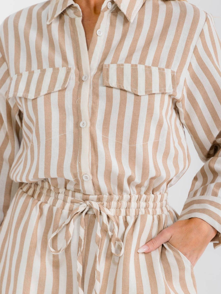 WOMEN'S LONG SLEEVE BUTTON UP POCKETS STRIPES DENIM ROMPER