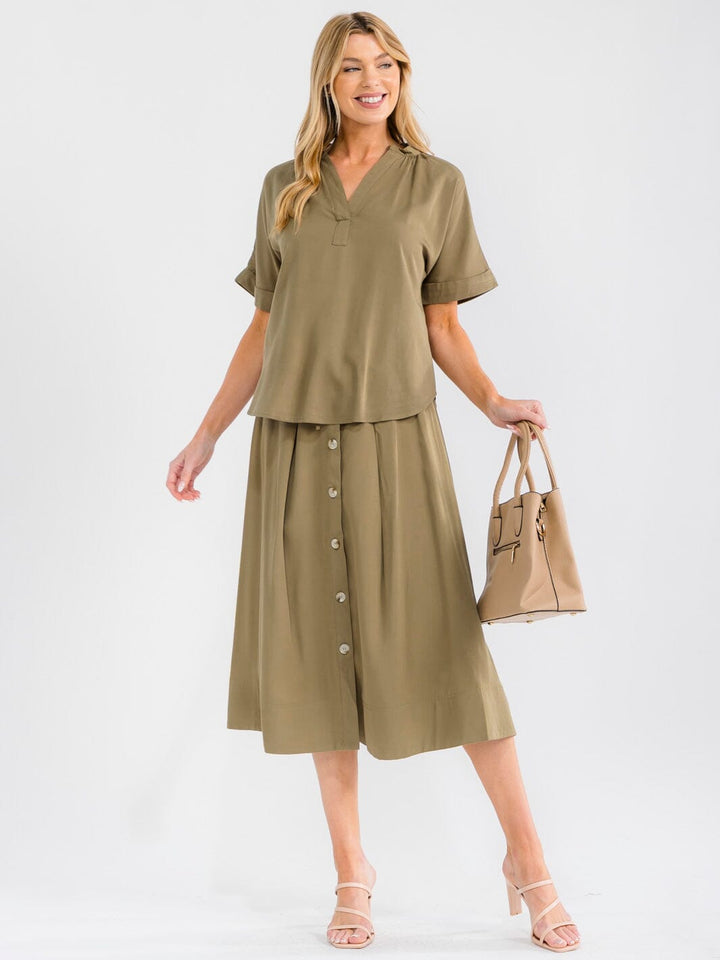 WOMEN'S SHORT SLEEVE BLOUSE & BUTTON UP MIDI SKIRT SOLID 2PC. SET