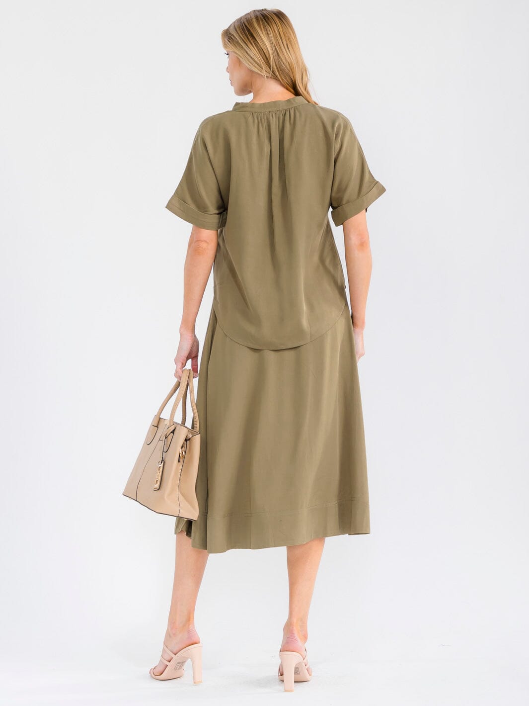 WOMEN'S SHORT SLEEVE BLOUSE & BUTTON UP MIDI SKIRT SOLID 2PC. SET