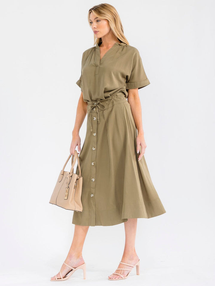 WOMEN'S SHORT SLEEVE BLOUSE & BUTTON UP MIDI SKIRT SOLID 2PC. SET