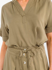 WOMEN'S SHORT SLEEVE BLOUSE & BUTTON UP MIDI SKIRT SOLID 2PC. SET