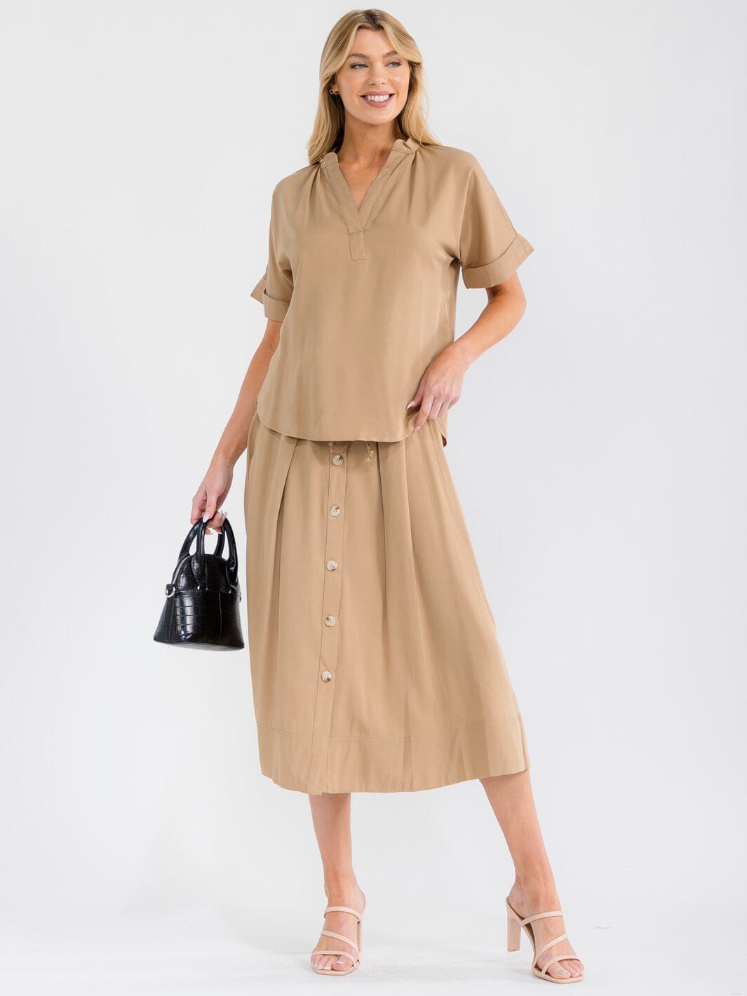 WOMEN'S SHORT SLEEVE BLOUSE & BUTTON UP MIDI SKIRT SOLID 2PC. SET