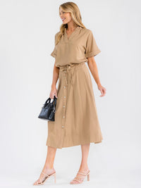 WOMEN'S SHORT SLEEVE BLOUSE & BUTTON UP MIDI SKIRT SOLID 2PC. SET