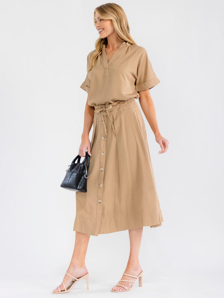 WOMEN'S SHORT SLEEVE BLOUSE & BUTTON UP MIDI SKIRT SOLID 2PC. SET