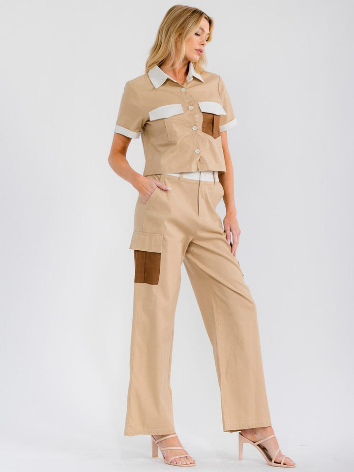 WOMEN'S SHORT SLEEVE TOP & ELASTIC WAIST PANTS COLORBLOCK 2PC. SET