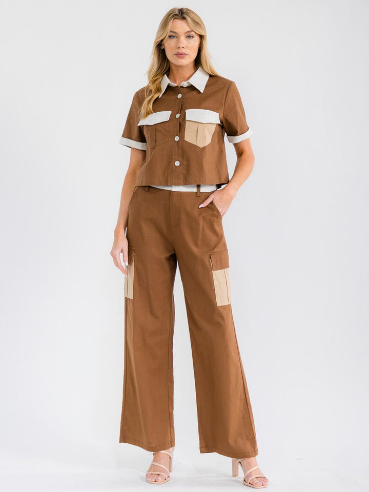 WOMEN'S SHORT SLEEVE TOP & ELASTIC WAIST PANTS COLORBLOCK 2PC. SET