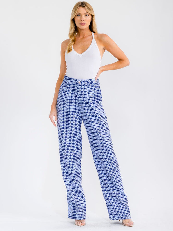 WOMEN'S BUTTON CLOSURE POCKETS COLORBLOCK PRINT STARIGTH LEG PANTS