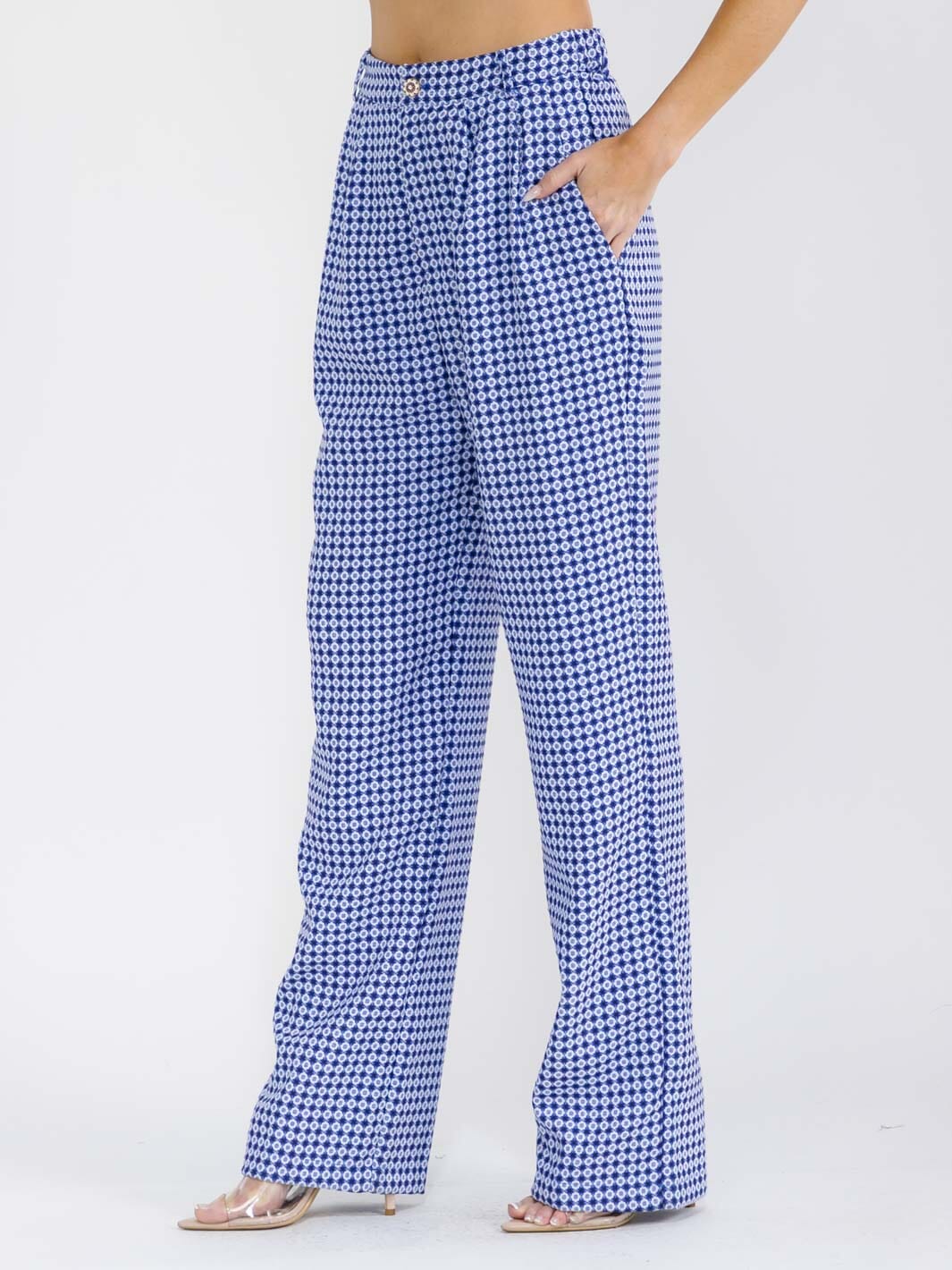 WOMEN'S BUTTON CLOSURE POCKETS COLORBLOCK PRINT STARIGTH LEG PANTS