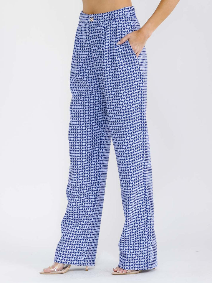 WOMEN'S BUTTON CLOSURE POCKETS COLORBLOCK PRINT STARIGTH LEG PANTS