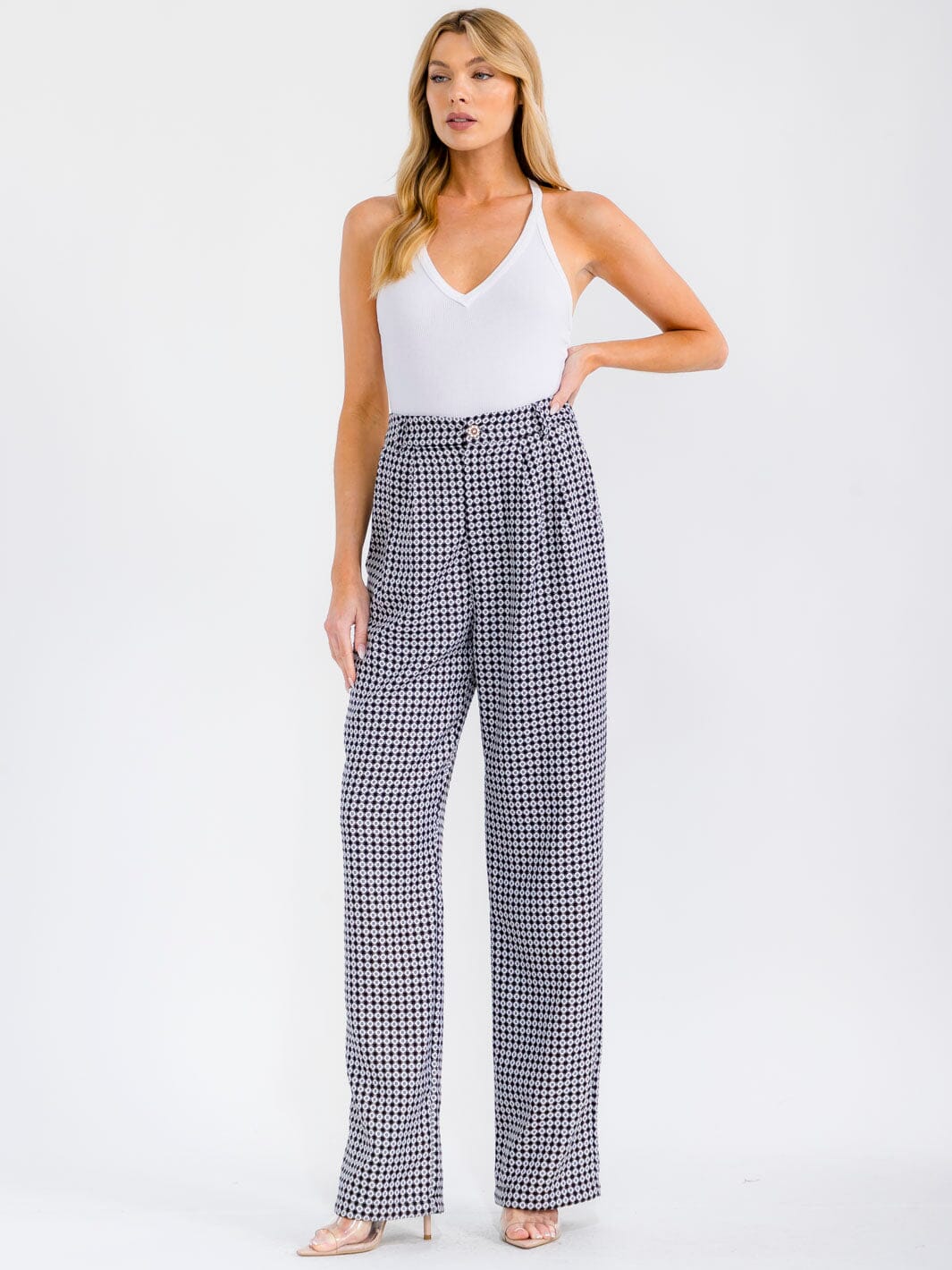 WOMEN'S BUTTON CLOSURE POCKETS COLORBLOCK PRINT STARIGTH LEG PANTS