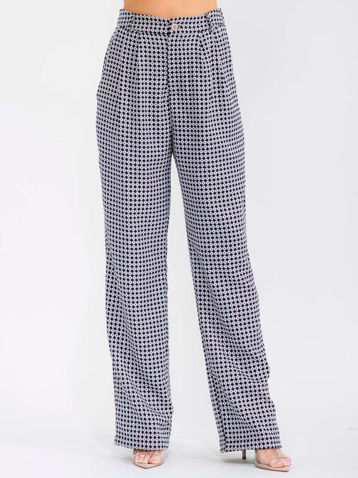 WOMEN'S BUTTON CLOSURE POCKETS COLORBLOCK PRINT STARIGTH LEG PANTS