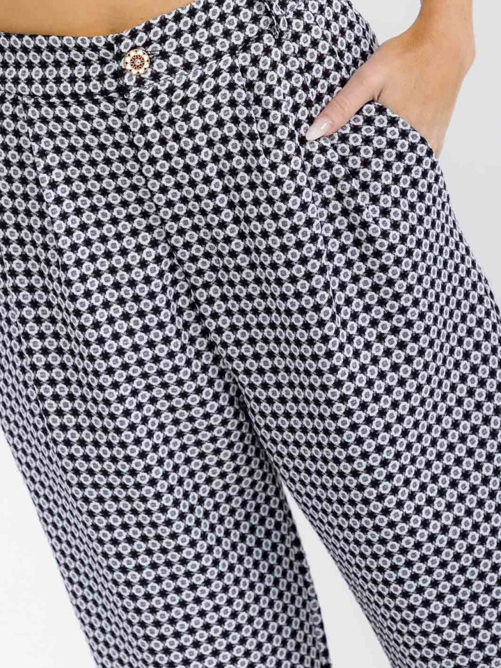 WOMEN'S BUTTON CLOSURE POCKETS COLORBLOCK PRINT STARIGTH LEG PANTS