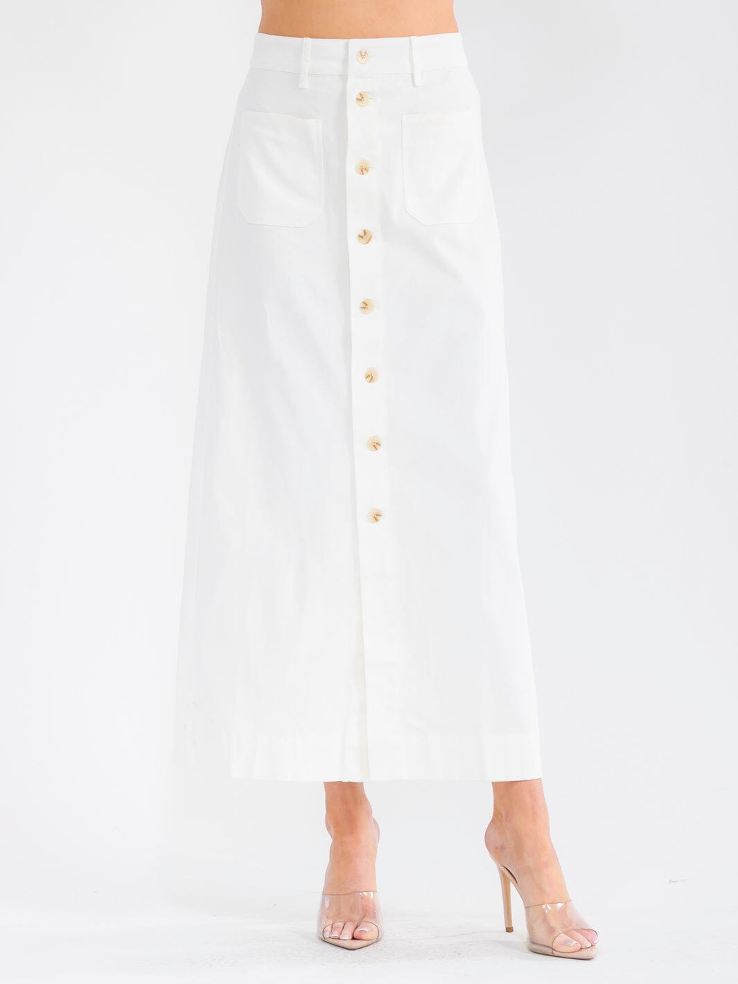 WOMEN'S BUTTON CLOSURE FRONT POCKETS PENCIL DENIM MAXI SKIRT