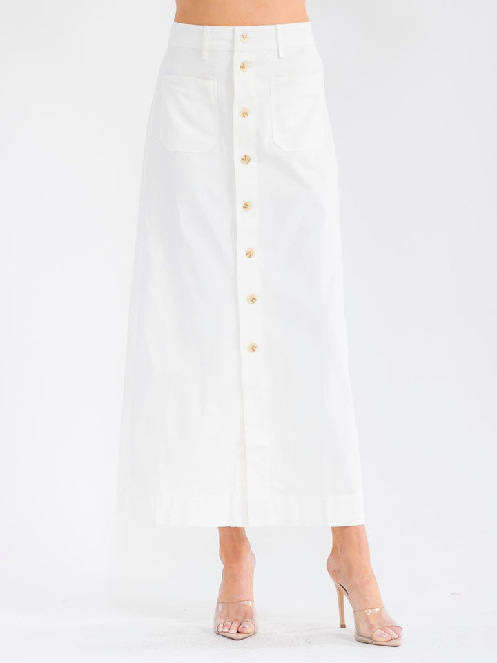 WOMEN'S BUTTON CLOSURE FRONT POCKETS PENCIL DENIM MAXI SKIRT